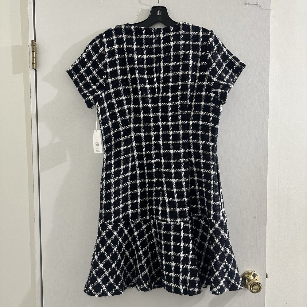 Free Assembly Tweed‎ Shift Dress Women 6 Navy Plaid Short Sleeve Lined NWT - Picture 2 of 11